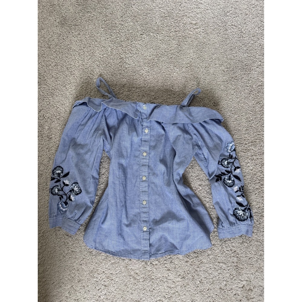 Loft Blue White Pinstripe Off Shoulder Embroidered Floral Top Petite XS XSP